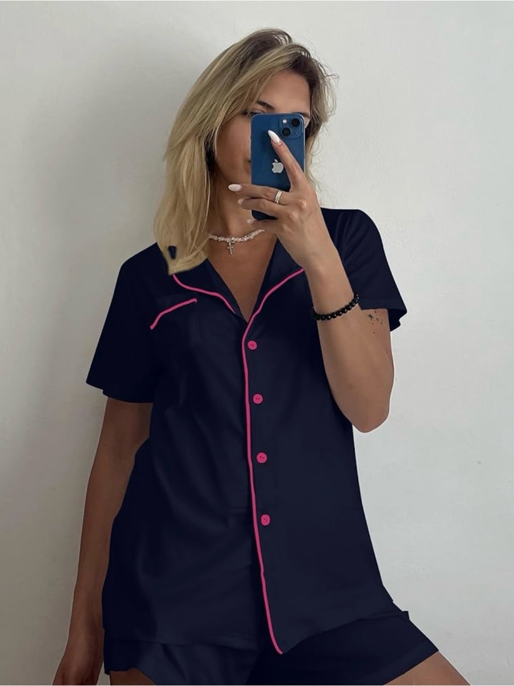 Super Soft Navy Short Sleeve Pajama Set with Pink Piping